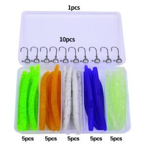 35PCS T-Tail Soft Plastic Fishing Lures with Jig Heads, Wacky Worm & Ribbed Earthworm Soft Baits