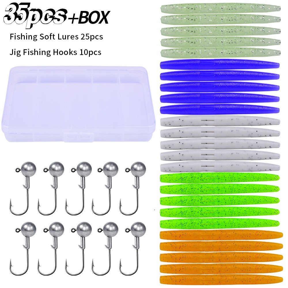 35PCS T-Tail Soft Plastic Fishing Lures with Jig Heads, Wacky Worm & Ribbed Earthworm Soft Baits - Image 4