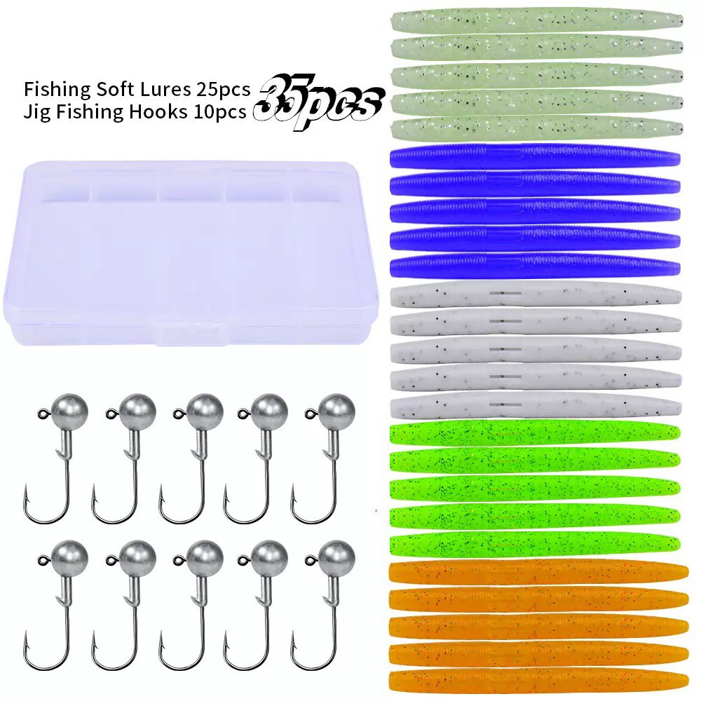 35PCS T-Tail Soft Plastic Fishing Lures with Jig Heads, Wacky Worm & Ribbed Earthworm Soft Baits - Image 6